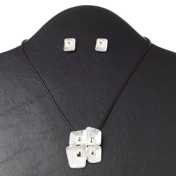 Necklace and earring set, leather (dyed) with silver-finished "pewter" (zinc-based alloy) steel, black, 40x35mm square flower, 16 inches with 3-inch extender chain and lobster claw clasp, 9x6mm earrings with post. Sold per set. image number 0