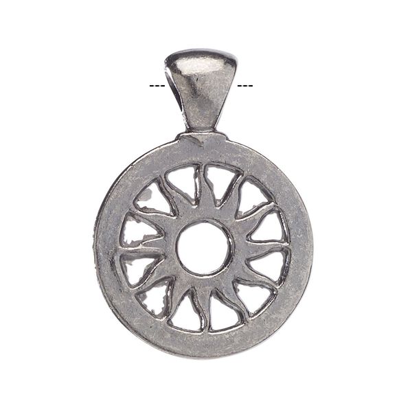 Pendant, gunmetal-finished "pewter" (zinc-based alloy), 25mm flat round with sun design. Sold per pkg of 4 pendants. image number 0