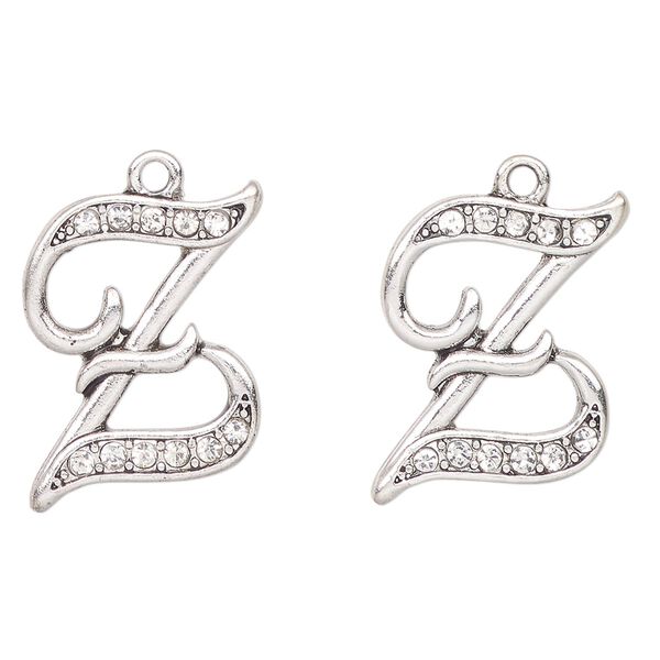 Charm, antique silver-finished "pewter" (zinc-based alloy) and glass, clear, 23x18mm letter "Z". Sold per pkg of 2. image number 0