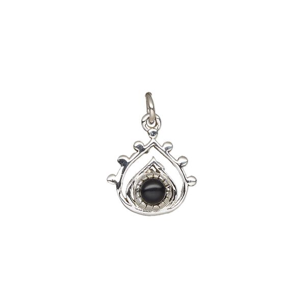 Black onyx / sterling silver 1pkg1, antiqued open teardrop drop 13x12.5mm image number 0