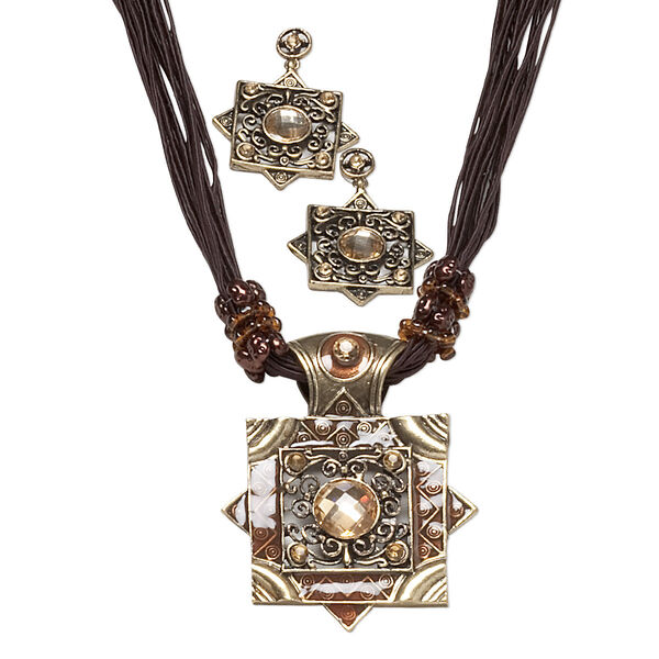 Necklace and earring set, antique gold-finished pewter (tin-based alloy) with acrylic, champagne and brown, 58x52mm double square pendant on nylon cord, 16 inches with 2-inch steel extender chain and brass lobster claw clasp, 48x34mm earrings with studs. Sold per set. image number 0