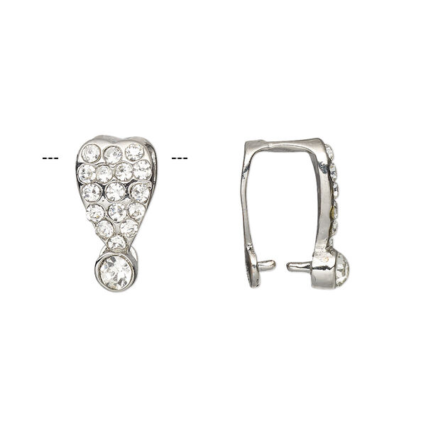 Bail, ice-pick, Egyptian glass rhinestone and imitation rhodium-plated brass, clear, 16x8mm heart, 10mm grip length. Sold per pkg of 6. image number 0