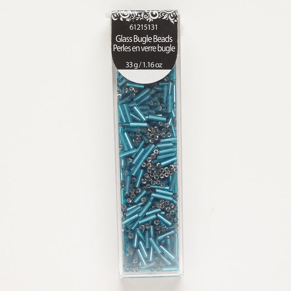 Bead, bugle bead, glass, pkg/33g, 6x2mm-7x5mm tube, silver-lined teal. image number 0