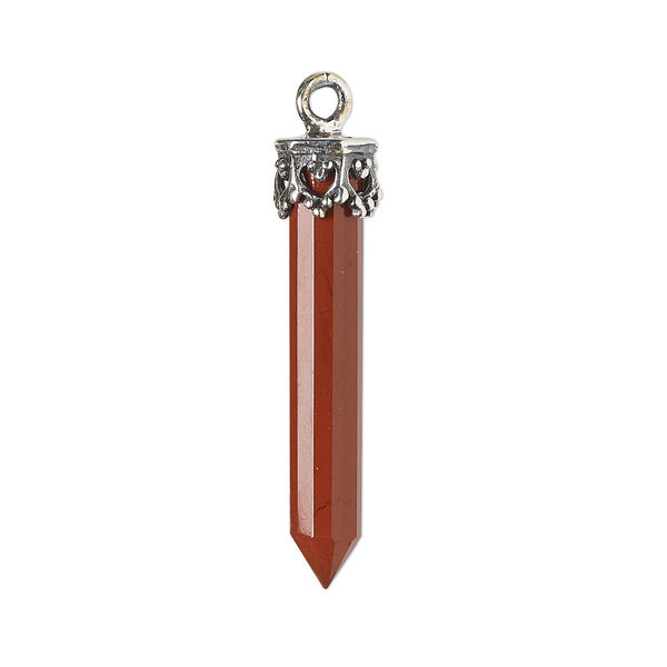Drop, red jasper (natural) and antiqued sterling silver, 20x4mm-26x6mm hand-cut 3D faceted point. Sold individually. image number 0