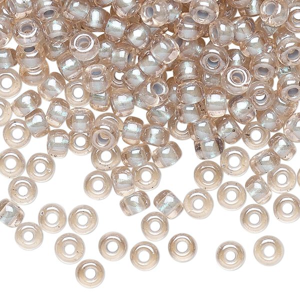 Seed bead, Miyuki, glass, pkg/25g, #6 rocaille, translucent light blue-lined pearlized pink, (RR-4615). image number 0