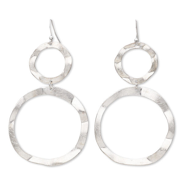 Earring, imitation rhodium-finished brass and steel, 3-1/2 inches with brushed circles and fishhook ear wire. Sold per pair. image number 0
