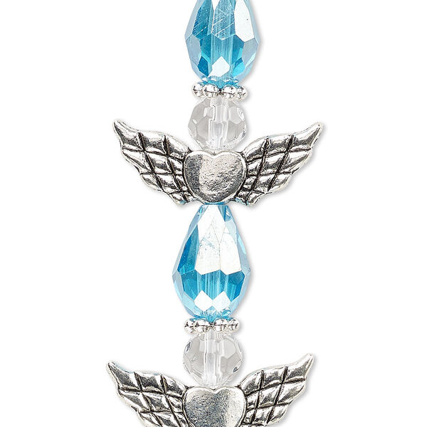 Bead, crystal and antique silver-plated "pewter" (zinc-based alloy), translucent light turquoise blue AB and clear, 25x22mm angel. Sold per pkg of 4. image number 0