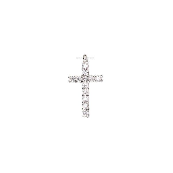 Drop, cubic zirconia and silver-finished brass, clear, 14x9mm single-sided cross. Sold individually. image number 0