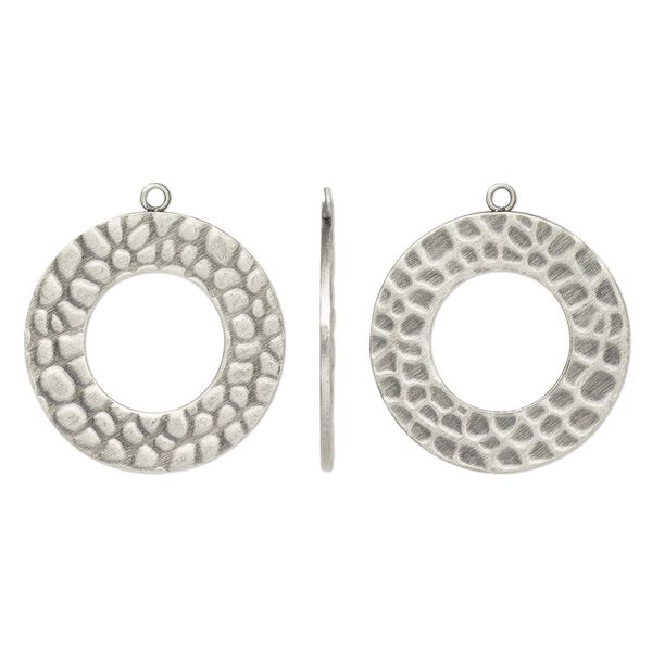 Drop, antique silver-plated steel, 25mm textured open round. Sold per pkg of 10. image number 0