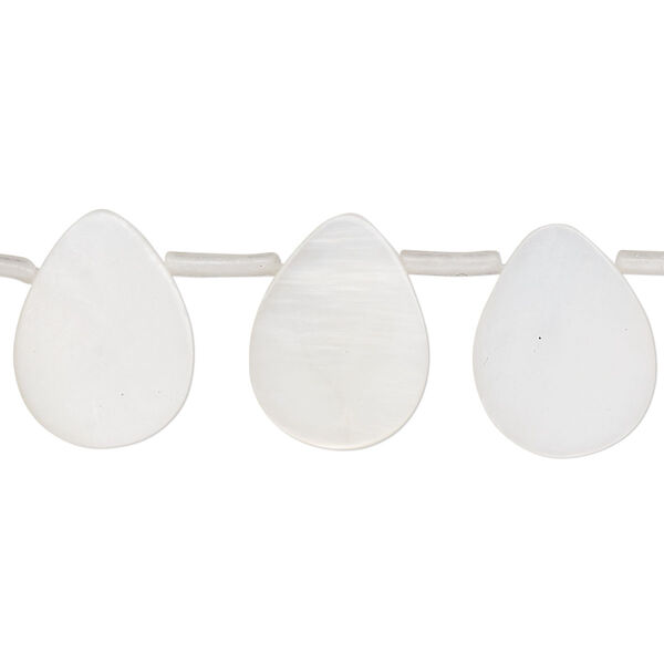 Bead, mother-of-pearl shell (bleached), white, 16x7mm-16x9mm top-drilled flat teardrop, Mohs hardness 3-1/2. Sold per 14-inch strand, approximately 20 beads. image number 0