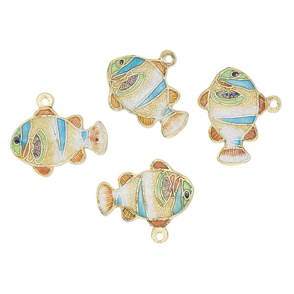Charm, cloisonné, enamel and gold-finished brass, multicolored, 20x14mm fish with stripes. Sold per pkg of 4. image number 0