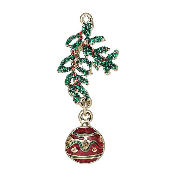 Charm, enamel and gold-finished "pewter" (zinc-based alloy), green and red with green-colored glitter, 35x15mm single-sided ornament and leaves. Sold individually. image number 0