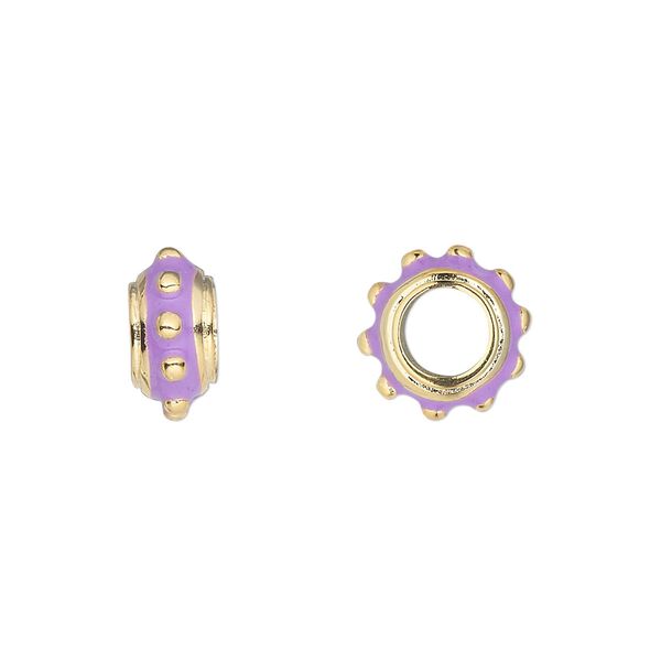 Bead, Dione®, gold-finished "pewter" (zinc-based alloy) and enamel, lavender, 12x6mm beaded rondelle with 5mm hole. Sold individually. image number 0