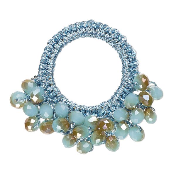 Focal, glass / nylon / steel, turquoise blue and copper, 34x32mm-37x34mm open round with fringe. Sold per pkg of 4. image number 0
