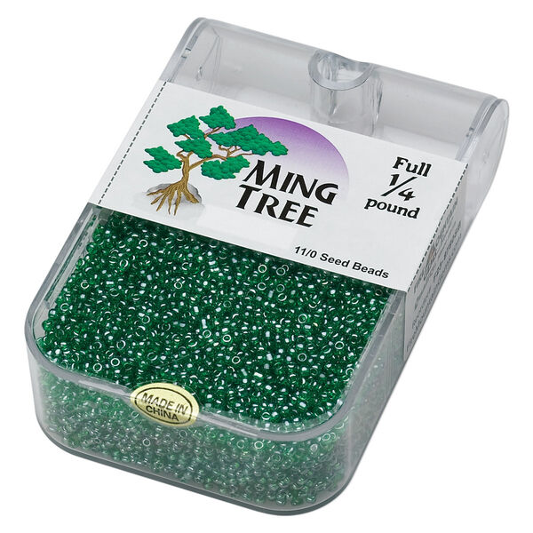 Seed bead, Ming Tree™, glass, pkg/1/4 pound, #11 round, translucent luster emerald green. image number 0