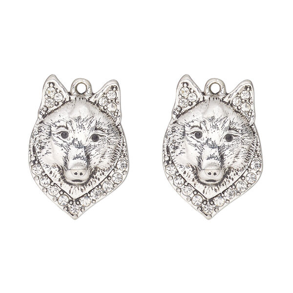 Charm, antique silver-finished "pewter" (zinc-based alloy) and glass, clear and black, 26x21mm single-sided wolf head. Sold per pkg of 2. image number 0