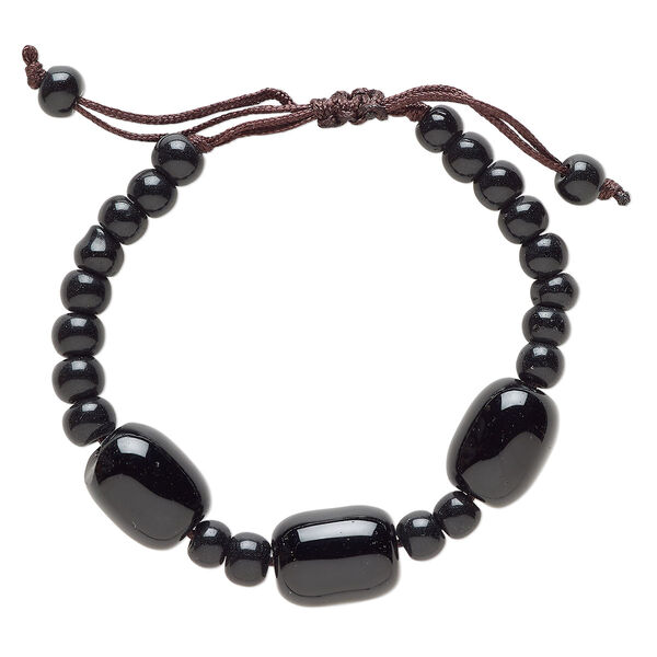 Black agate / glass / waxed cotton 1pkg1, barrel bracelet adjustable 5-7.5 inch 12mm image number 0
