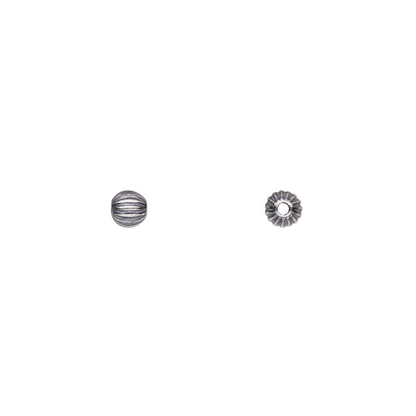 Bead, antiqued sterling silver, 4mm seamless corrugated round. Sold per pkg of 10. image number 0