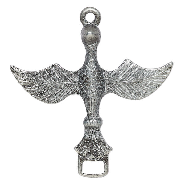 Focal, antiqued pewter (tin-based alloy), 54x51mm double-sided bird with loop. Sold individually. image number 0