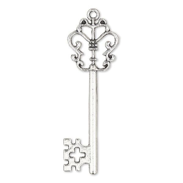 Focal, antique silver-plated "pewter" (zinc-based alloy), 55x18mm double-sided key. Sold per pkg of 2. image number 0