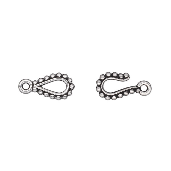 Clasp, TierraCast®, hook-and-eye, antique silver-plated pewter (tin-based alloy), 17x7mm with beaded design. Sold individually. image number 0