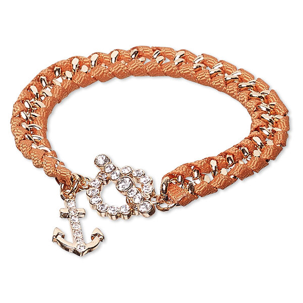 Bracelet, nylon / Czech glass rhinestone / copper-finished steel / "pewter" (zinc-based alloy), orange and clear, 8mm wide with 17x12mm anchor, 6-1/2 inches with toggle clasp. Sold individually. image number 0