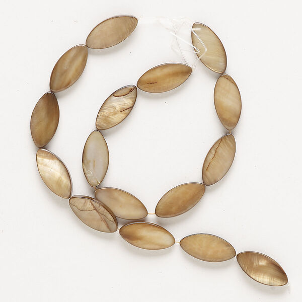 Bead, mother-of-pearl shell (dyed), brown, 17x8mm-18x9mm flat marquise, Mohs hardness 3-1/2. Sold per pkg of 16. image number 0