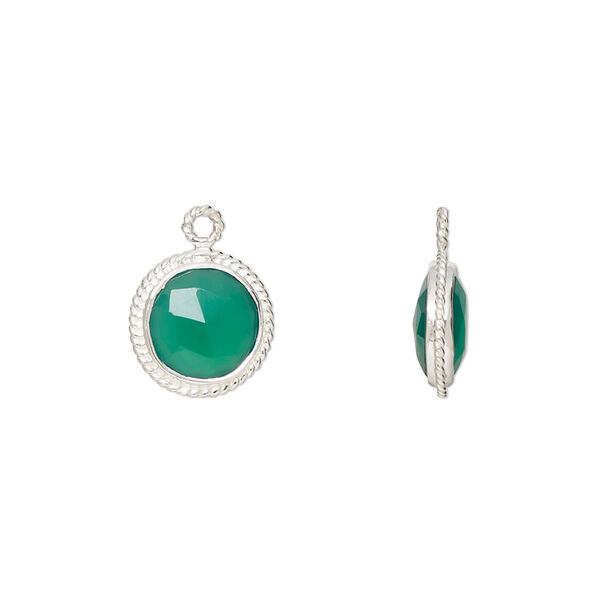 Drop, green onyx (dyed) and sterling silver, 9-11mm hand-cut double-sided faceted puffed round with rope edge design, B grade, Mohs hardness 6-1/2 to 7. Sold individually. image number 0