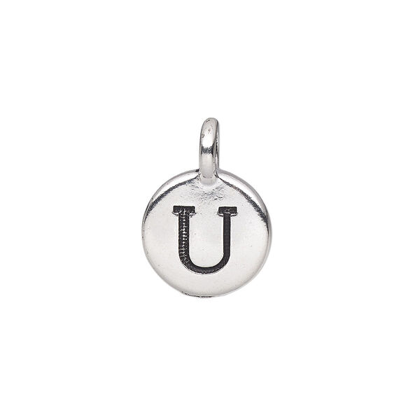 Drop, TierraCast®, antique silver-plated pewter (tin-based alloy), 11.5mm single-sided round with textured alphabet letter "U." Sold per pkg of 2. image number 0