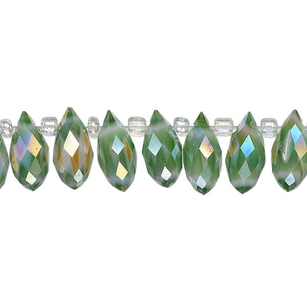 Bead, millefiori glass, marbled orange and green AB, 12x6mm top-drilled faceted teardrop. Sold per 6-inch strand, approximately 25 beads. image number 0