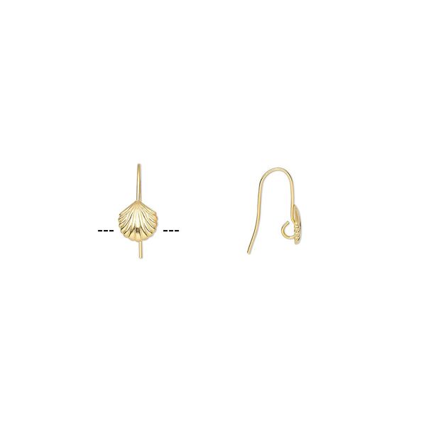 Ear wire fishhook 1pkg10 gold-plated, 17mm / 8.5x8mm shell / hidden open loop, 21 gauge brass 5 pair image number 0