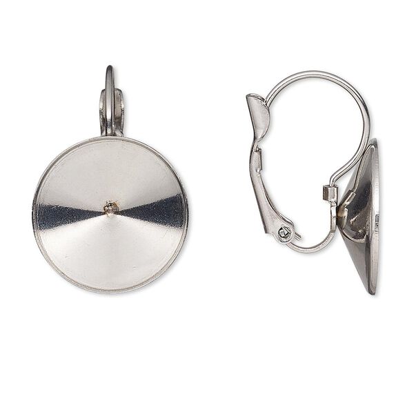 Ear wire leverback 1pkg4 Almost instant jewelry®, 24mm / 16mm rivoli glue-in setting, stainless steel 2 pair image number 0