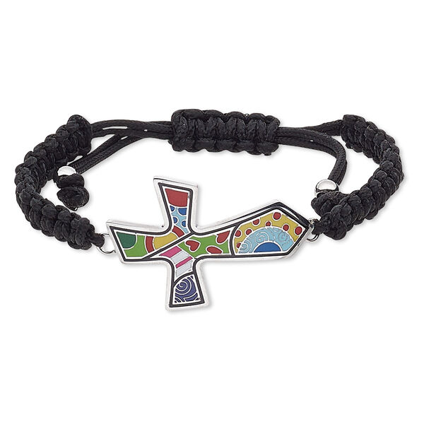 Bracelet, enamel / waxed cotton cord / stainless steel, multicolored, 46x31mm cross, adjustable from 7-9 inches with macramé knot closure. Sold individually. image number 0