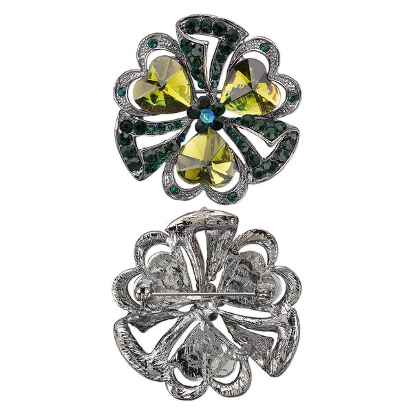 Brooch, glass rhinestone and gunmetal-plated "pewter" (zinc-based alloy), green AB / green / peridot, 45x45mm bow. Sold individually. image number 0