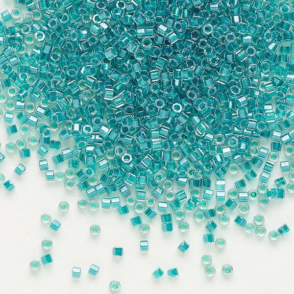 Seed bead, Delica®, glass, pkg/50g, #11 cut, translucent dark aqua-lined luster crystal clear (DBC-0918). image number 0