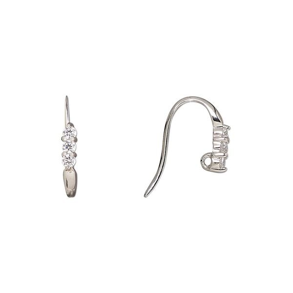 Ear wire fishhook 1pkg2 rhodium-plated sterling silver / cubic zirconia, 11mm / closed hidden loop, 17 gauge clear 1 pair image number 0