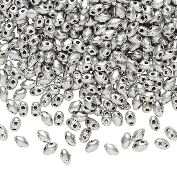 Bead, Preciosa Mini Twin™, Mini Pressed Twin, Czech pressed glass, opaque silver, 4x2.5mm oval with (2) 0.7mm holes. Sold per 50-gram pkg. image number 0