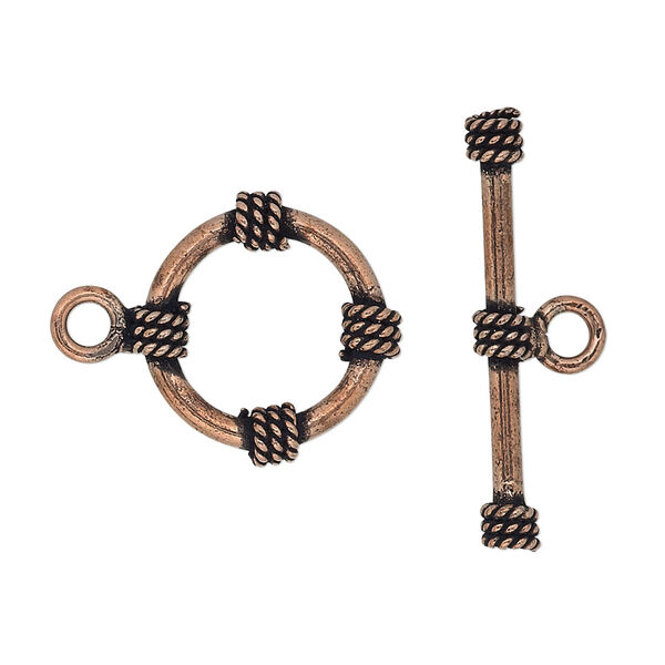 Clasp, toggle, antiqued copper, 18mm round with rope design. Sold per pkg of 4. image number 0