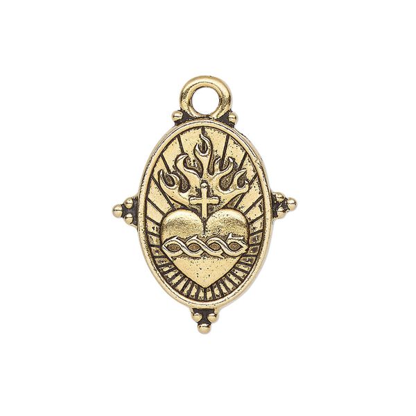 Drop, TierraCast®, antique gold-plated pewter, 25x21mm 2-sided beaded oval with sacred heart. Sold individually. image number 0