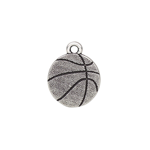 Charm, TierraCast®, antique silver-plated pewter (tin-based alloy), 15.5mm two-sided textured basketball. Sold per pkg of 20. image number 0