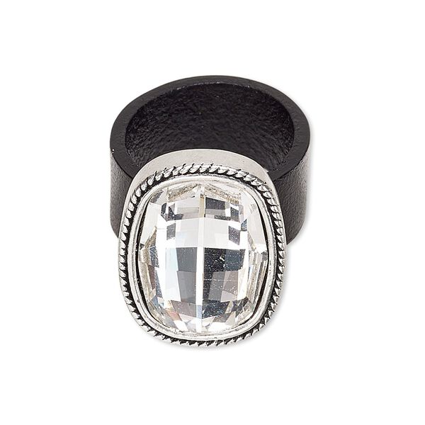 Ring, leather / glass / antiqued silver-finished "pewter" (zinc-based alloy), black and clear, 23x18mm oval, size 9. Sold individually. image number 0