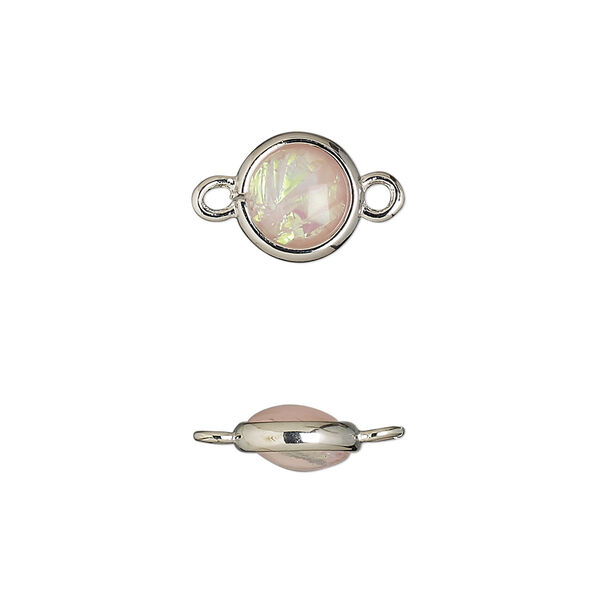 Link, Opalized Ice™, "opal" (resin) and imitation rhodium-finished brass, opaque light pink, 9.5mm double-sided round. Sold per pkg of 6. image number 0