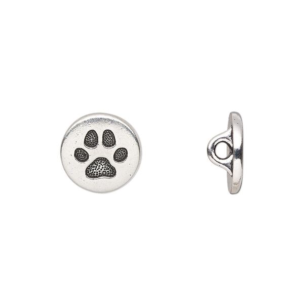 Button, TierraCast®, "Spot and Whiskers" collection, antique silver-plated pewter (tin-based alloy), 12mm flat round with dog paw and loop. Sold per pkg of 20. image number 0