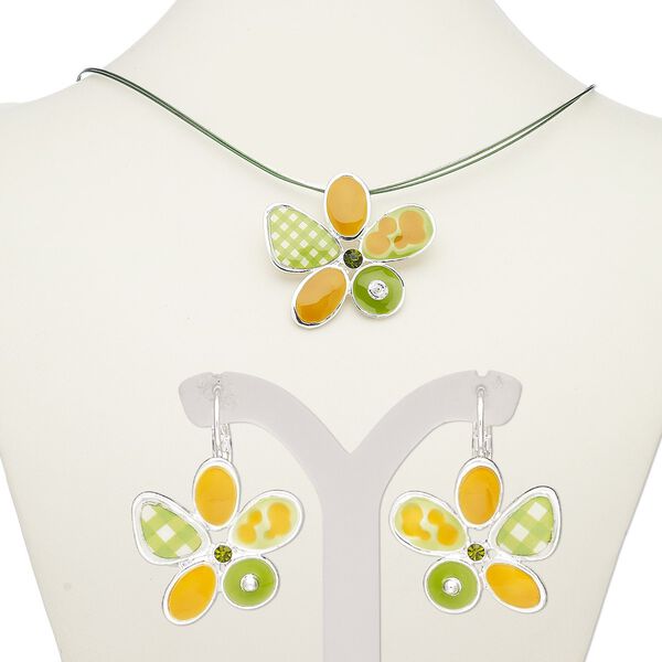 Necklace and earring set, enamel / glass rhinestone / silver-plated steel / "pewter" (zinc-based alloy), green / light green / golden yellow, 52x49mm flower, 18-inch necklace with 2-inch extender chain and lobster claw clasp, 32mm earrings with leverback ear wire. Sold per set. image number 0