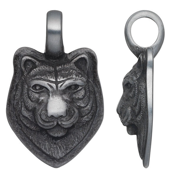 Pendant, antiqued "pewter" (zinc-based alloy), 34x26mm tiger head. Sold individually. image number 0