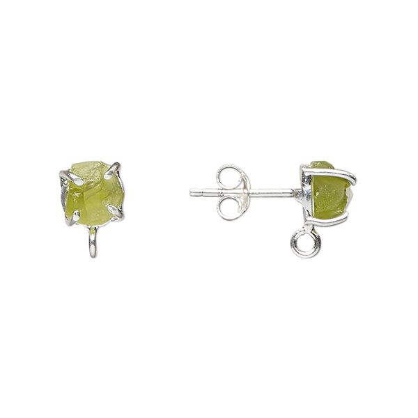 Earstud 1pkg2 sterling silver / peridot (natural), 5x5mm-7x7mm rough nugget / closed loop, 1 pair image number 0