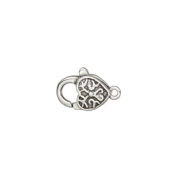 Clasp, lobster claw, antiqued sterling silver, 13.5x8.5mm double-sided with etched heart design. Sold individually. image number 0