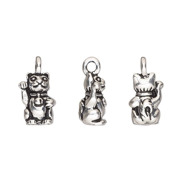 Charm, TierraCast®, "Happy Go Lucky" collection, antique silver-plated pewter (tin-based alloy), 13x8mm 3D beckoning cat. Sold per pkg of 20. image number 0