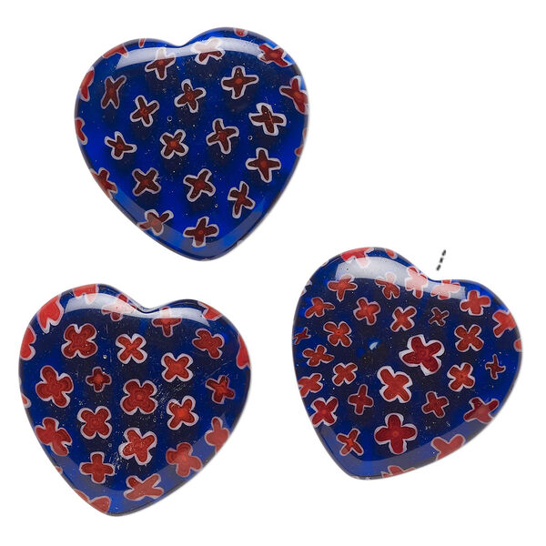 Bead, millefiori glass, translucent multicolored cobalt blue, red, white and clear, 24-26mm half-drilled puffed heart with flower design. Sold per pkg of 3. image number 0
