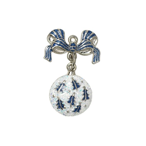 Charm, silver-plated "pewter" (zinc-based alloy) with enamel and glitter, blue and white, 25x17mm single-sided ornament with bow. Sold individually. image number 0